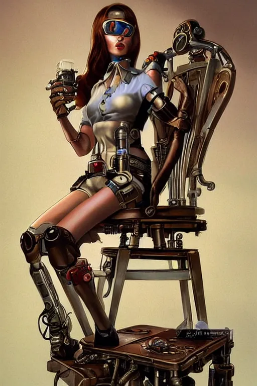 Prompt: retrofuturistic female android tied to a chair, steampunk, gears, detailed mechanical parts, painting by artgerm julie bell Ed Brinkley