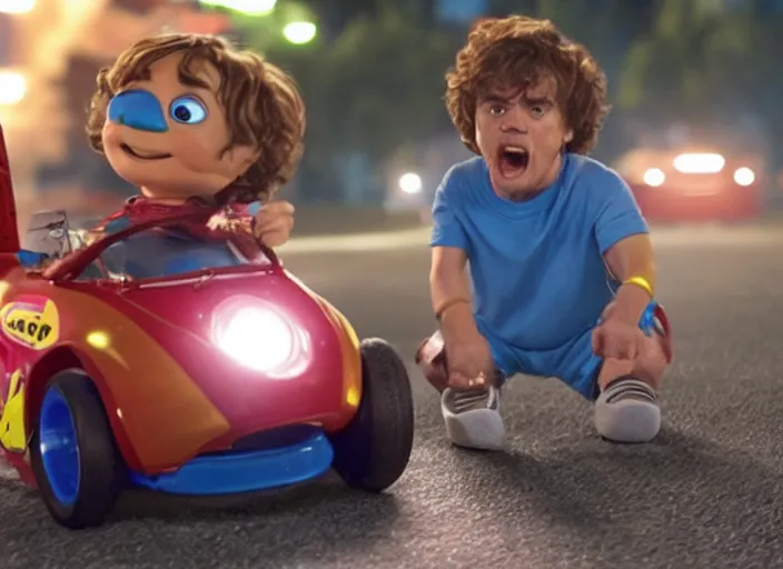 Image similar to peter dinklage driving a little tikes car at night, movie still, from the new fast and furious movie, 8 k, realistic