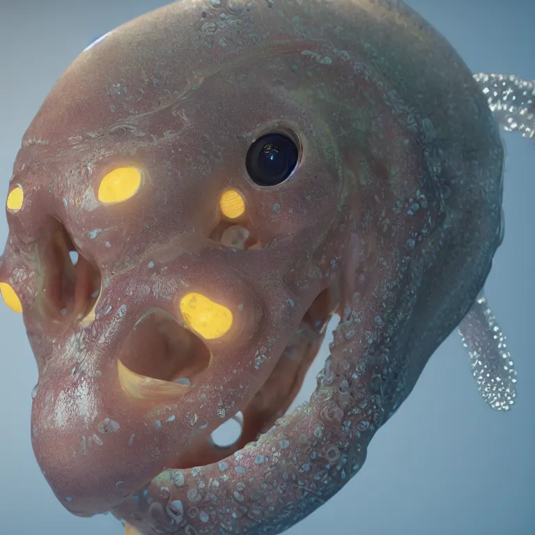 Image similar to octane render portrait by wayne barlow and carlo crivelli and glenn fabry, a deep ocean mariana trench fish squid octopus jellyfish creature made out inflated clear iridescent plastic and bioluminescence, cinema 4 d, ray traced lighting, very short depth of field, bokeh