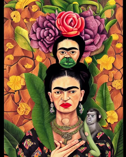 Image similar to highly detailed matte portrait of frida kahlo with monkey and flowers by amanda sage