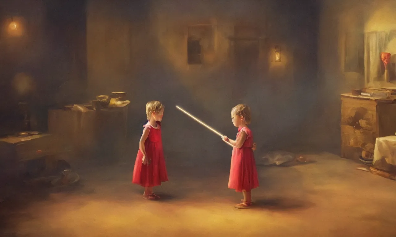 Image similar to a young child has a magic wand that can make things stop beautiful oil painting dramatic cinematic lighting