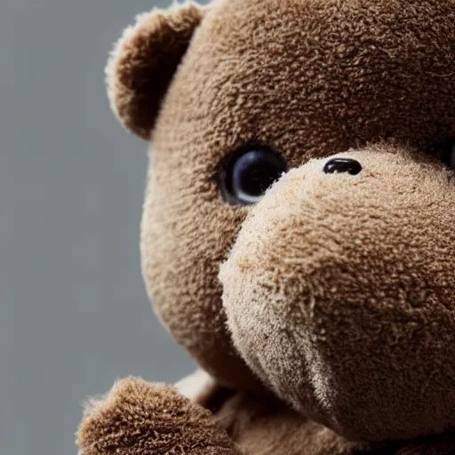 Image similar to Portrait studio photograph of baby Kanye West with a anthropomorphic teddy bear, close up, shallow depth of field, in the style of Felice Beato, Noir film still, 40mm