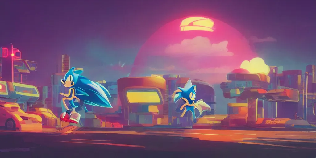 Image similar to Sonic the Hedgehog, Portrait, Very Cloudy Sky, Sun, Neon Lights, Subject in Middle, Subject in center, Rule of Thirds, Retrofuturism, Studio Ghibli, Simon Stålenhag