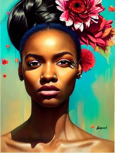 Prompt: portrait of a gorgeous black woman with a floral background : : painted by artgerm, karol bak, artur bordalo, sandra chevrier : : portrait, character, illustration, hyperrealism, photorealism