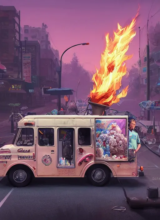 Image similar to highly detailed image of an ice cream truck on fire, in gta v, stephen bliss, unreal engine, fantasy art by greg rutkowski, loish, rhads, ferdinand knab, makoto shinkai and lois van baarle, ilya kuvshinov, rossdraws, tom bagshaw, global illumination, radiant light, detailed and intricate environment