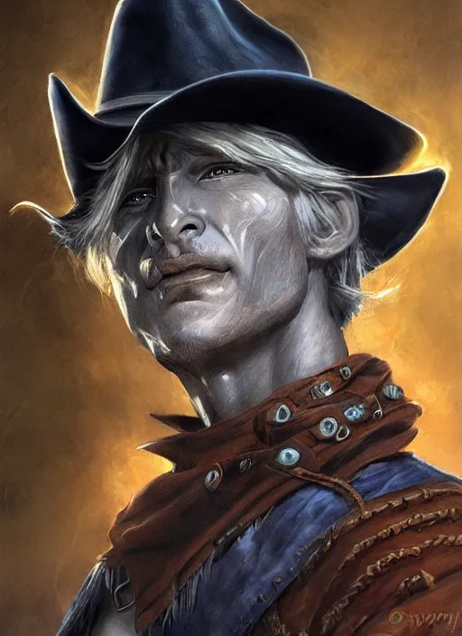 Image similar to Cowboy sorcerer drow wearing a cowboy hat, Ivan Aivakovsky, Boris Vallejo, epic fantasy character art, D&D Concept Art, full length, Realistic, Regal, Refined, Detailed Digital Art, Oil Paining, Exquisite detail, post-processing, masterpiece, Cinematic Lighting, Unreal Engine, 8k, HD, Stanley Artgerm Lau, WLOP, Rossdraws, Frank Frazetta, Andrei Riabovitchev, Marc Simonetti, trending on artstation