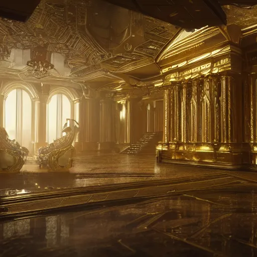 Prompt: golden and luxurious palace of asgard interior, 8k hd concept art, hyperrealistic, ultra detailed, cinematic, cinematic lighting, featured on artstation, octane render