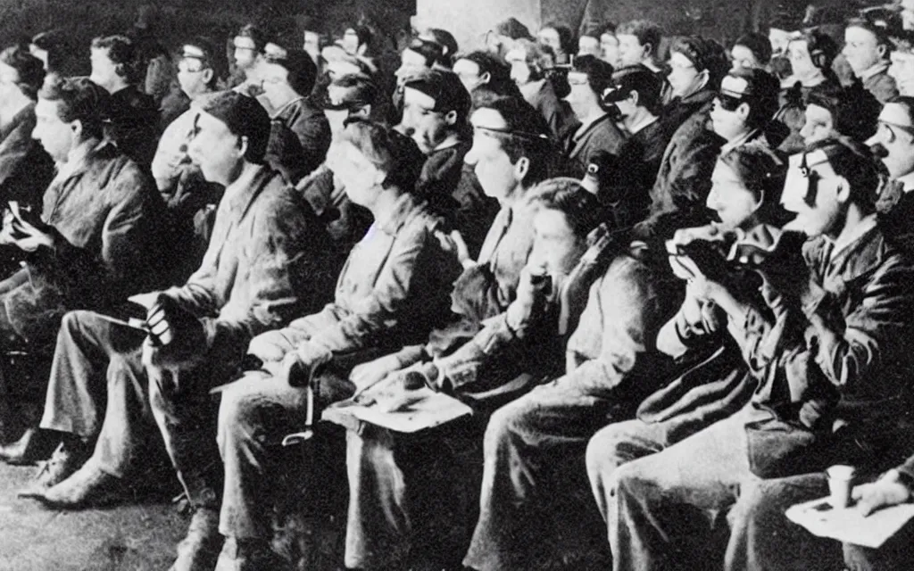 Image similar to 1 9 0 0 s photo of people using iphones ipods virtual reality headsets vr watching hd tv in a movie theater