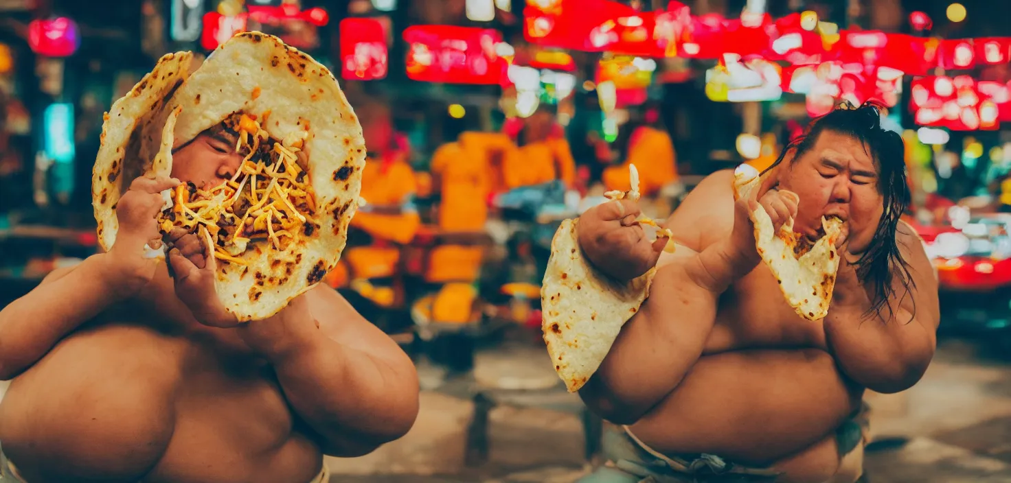 Prompt: sumo wrestler eating crispy tacos with hot sauce, photo realism, bokeh background, neon lights, city background, high definition, slr