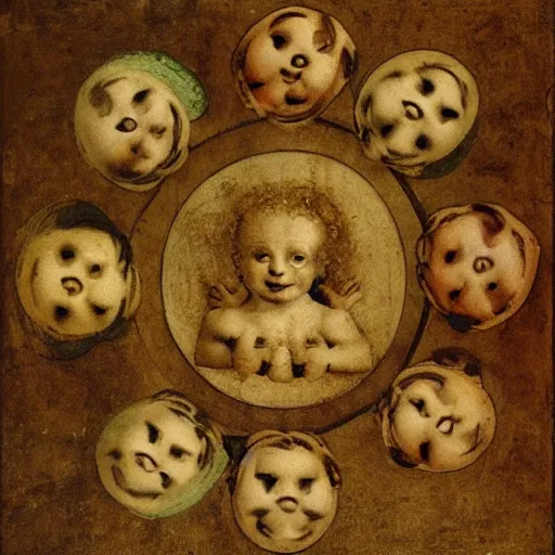 Prompt: cherub with 4 faces, by leonardo davinci