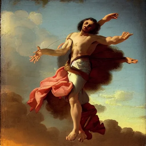 Prompt: egyptian man with long curly hair skydiving, giovanni paolo panini, versailles, jose miguel roman frances, dreamy clouds, pastel colors