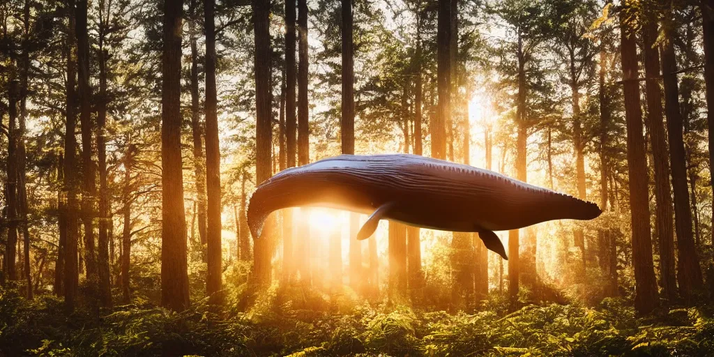 Prompt: a highly detailed giant whale god floating in the middle of a forest, beautiful ambient light, sun rays hitting the slightly translucent creature, his eyes are black and stare deeply into our soul, golden hour, 8k photography