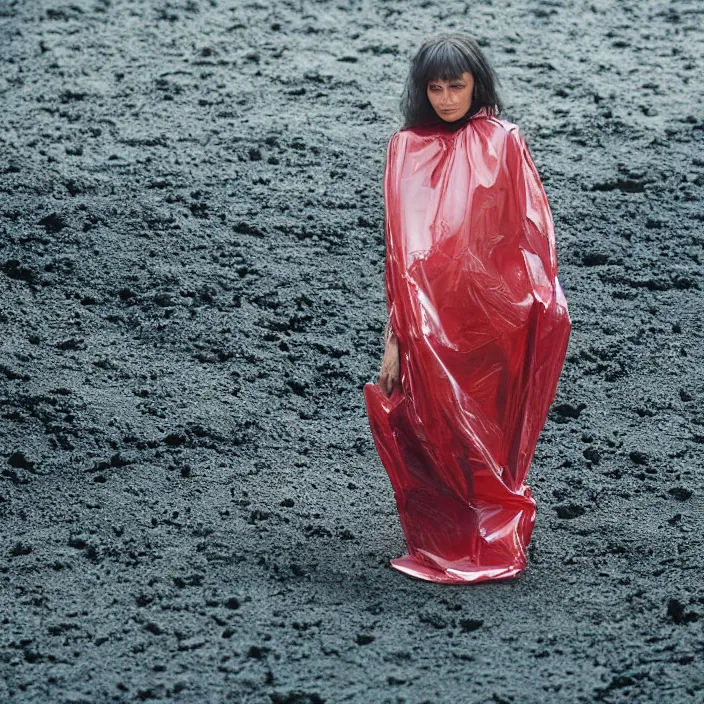 Image similar to closeup portrait of a woman wrapped in plastic, standing in punaluu black sand beach, color photograph, by vincent desiderio, canon eos c 3 0 0, ƒ 1. 8, 3 5 mm, 8 k, medium - format print