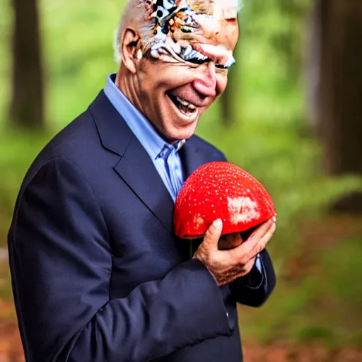 Prompt: portrait photo of Biden finding a giant red mushroom, exhilarated, portrait, closeup. mouth open, 30mm, bokeh