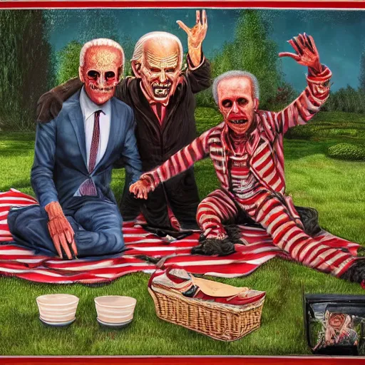 Image similar to freddy krueger, lich lenin and joe biden on a picnic, photo portrait, hyper realism, creepy, symmetry, awesome exposition, very detailed, highly accurate, professional lighting diffracted lightrays, 8 k, sense of awe