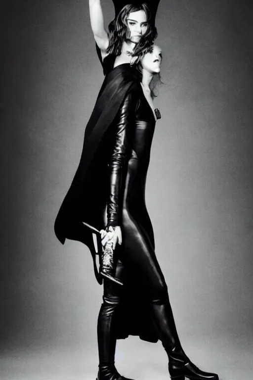 Image similar to keira knightley dressed as a dnd rogue wearing a black cape and high leather boots, cosplay, photo shoot, studio lighting, portrait by bruce weber