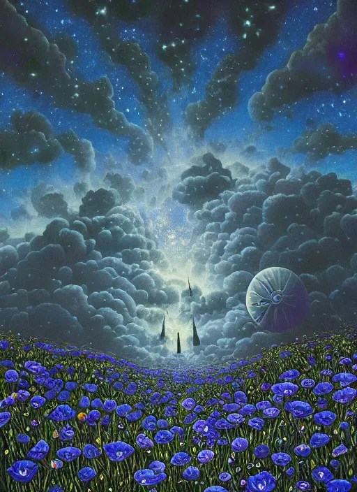 Image similar to detailed, intricate blue black and purple papaverum flower on the field, nebula, galaxy in the sky, winning award masterpiece, fantastically beautiful, illustration, aestheticly inspired, jacek yerka, upscale with anguissola sofonisba work, artstation, 8 k