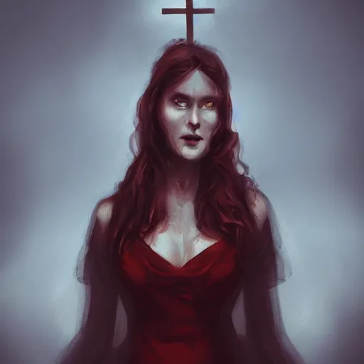 Prompt: shameless woman with impudent facial expression in shadow of church cross, elegant, dark and mysterious, atmospheric, red, trending on artstation, highly detailed, digital painting, volumetric light, concept art, illustration