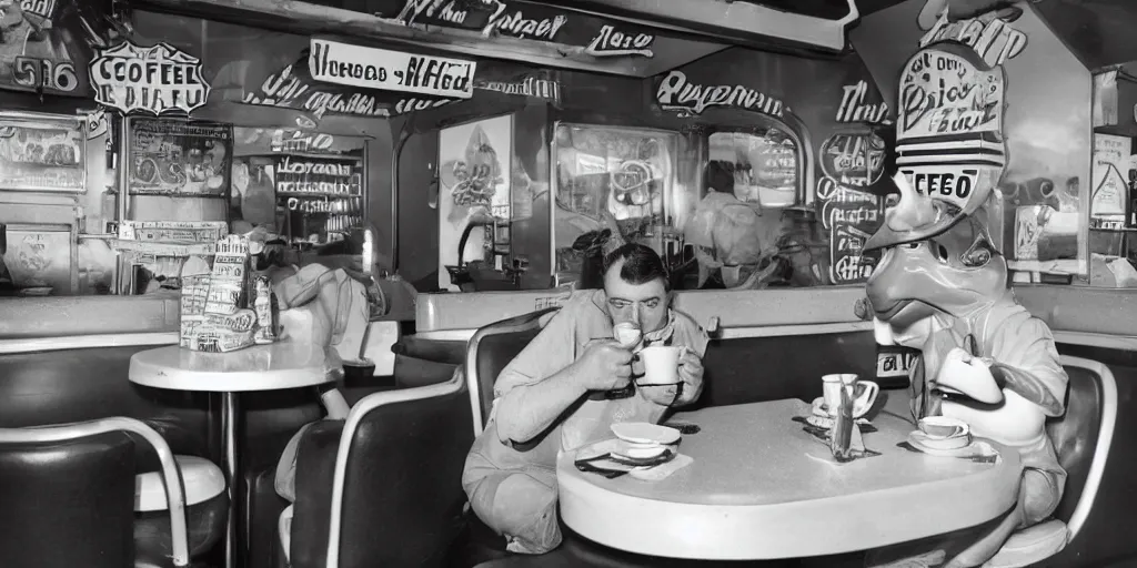 Prompt: friendly frog sipping coffee in a 1950's diner. old photograph. route 66. americana.