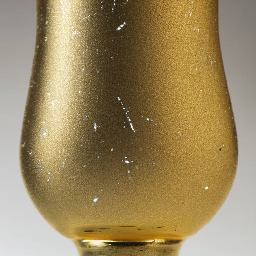 Prompt: goblet, gold cup, scratched metallic pattern, particles defocused, haze