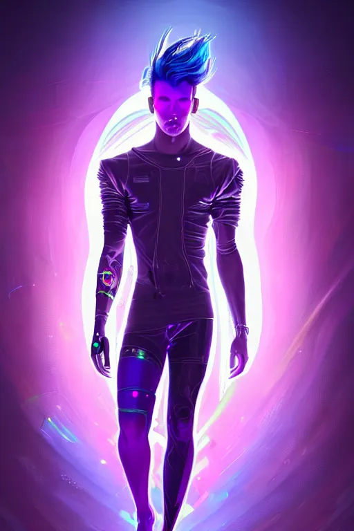 Image similar to portrait of a beautiful young fit cyberpunk man, rainbow futuristic hairs, digital tatoos, holographic clothes, psichedelic, by greg rutkowski and alphonse mucha, d & d character, gradient purple to silver, in front of a futuristic background, highly detailed portrait, digital painting, artstation, concept art, smooth, sharp focus ilustration, artstation hq