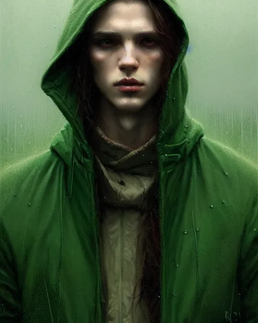 Image similar to portrait Green hooded jacket coat Hunter man elf, long-haired At the rainy town, soaked By greg rutkowski, tom bagshaw, beksinski