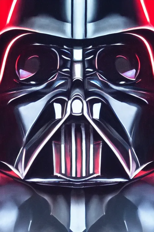 Image similar to detailed portrait of a Darth Vader Santa hybrid with compound eyes, strong neon lighting, raining, mysterious, mirror shades, by glenn fabry, hyper realistic, HD, oil on canvas