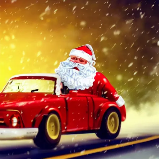 Image similar to Santa Clause driving a rally car he is going fast there is smoke coming from the tires there is snow on the track you can clearly see Santa Clause driving he is fat and jolly, realistic lighting, realistic shadows, highly reflective, photo realistic, hyper realistic