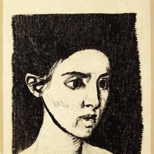 Prompt: female portrait, woodcut
