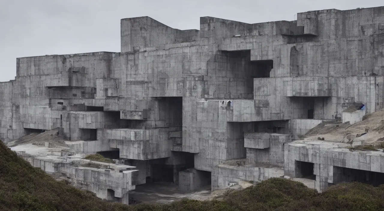 Image similar to big brutalist imperial military base on cliffs, drawing architecture, very long shot, imperial architecture in rogue one, pritzker architecture prize, brutalism architecture, jan urschel