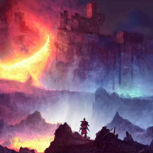 Image similar to a still of a samurai standing in the ruins of crux prime, destroyed castle, purple and blue fiery maelstrom in the distance, digital art, artstationhq