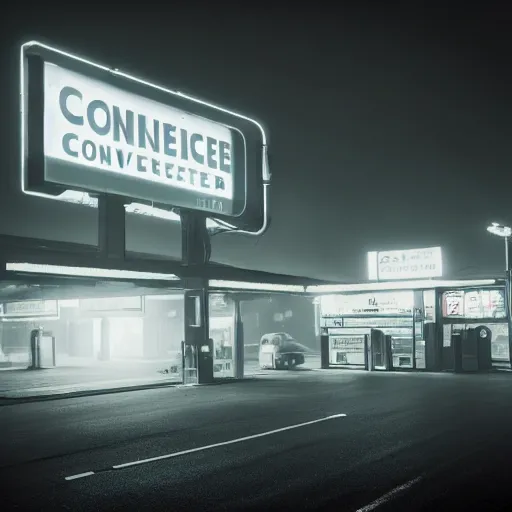 Image similar to a convenience store at a gas station in the dark and misty night, observed from afar in the fog, cyberpunk style ( 2 0 6 0 )