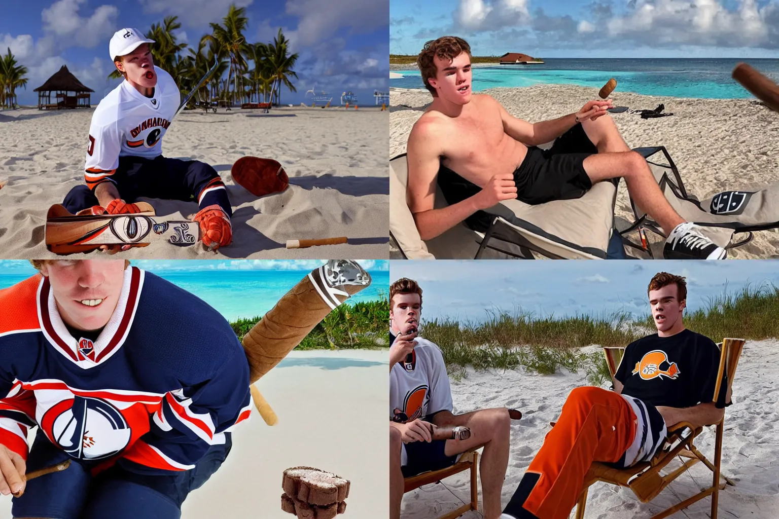 Prompt: While smoking a cigar, Hockeyplayer Connor McDavid wearing full Hockey gear and sitting in a sunchair on the beach of Bahamas, there is a cigar in his mouth, symmetric face, long shot, hyperdetailed, hyperrealistic, 4k