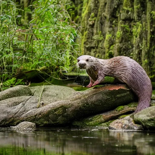 Image similar to otter fisherman, even light, forest river, morning forest