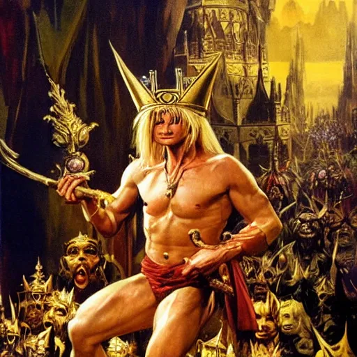 Image similar to The goblin king wearing a golden crown, painting by Frank Frazetta, detailed, 4k