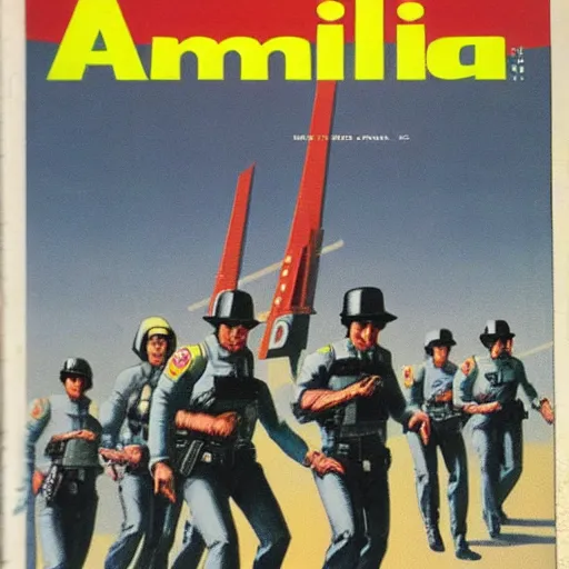 Prompt: 1979 OMNI Magazine Cover bank robbers fleeing the police on foot, Highly Detailed, 8k :4 by Vincent Di Fate : 8