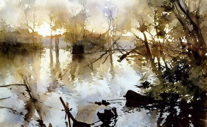 Prompt: watercolor lanscape by anders zorn, very very very very beautiful art, dramatic light, water reflections, aquarelle paint splashes and drips, drops