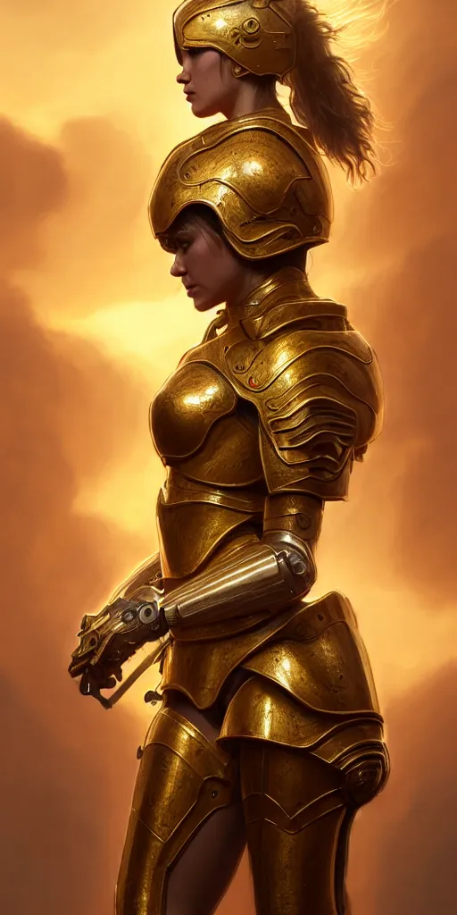 Image similar to professional digital art of a hyper realistic and highly detailed woman golden armor. accurate rending of one woman in armor. greg rutkowski, zabrocki, karlkka, jayison devadas, intricate, trending on artstation, 8 k, unreal engine 5, pincushion lens effect