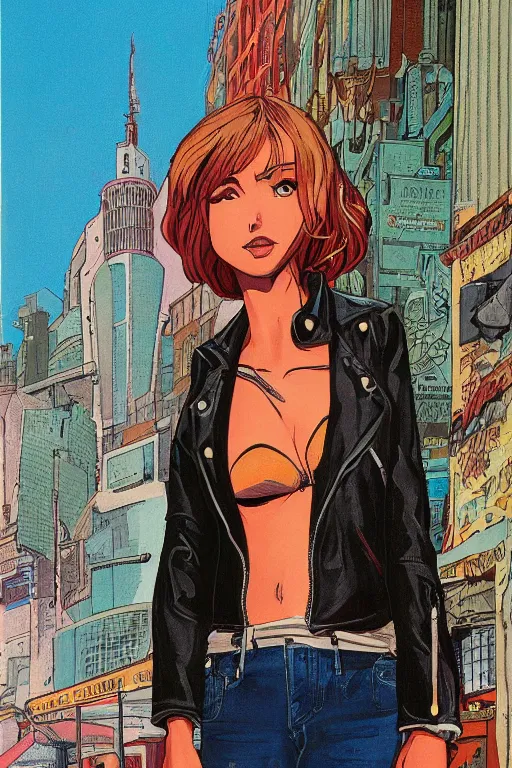 Image similar to portrait of an attractive young female protagonist, center focus, wearing leather jacket, in city street, detailed artwork by ralph bakshi