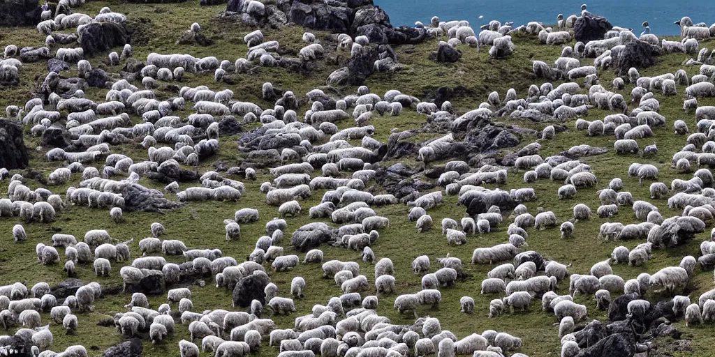 Prompt: hundreds of white sheep running fast in the direction of a cliff and we can see them falling down the rocks below to the sea, there is one black sheep going against the crowd, old colored sketching, lateral wide shot
