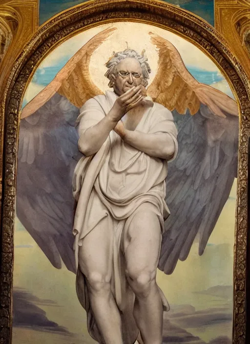 Image similar to A beautiful fresco of Bernie Sanders as God by Michelangelo, golden rays, clouds and Alexandria Ocasio-Cortez as a cherub with wings