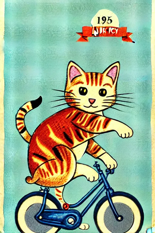 Image similar to by richard scarry. a cat riding a bike. a 1 9 5 0 s retro illustration. muted colors, detailed