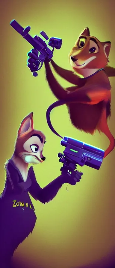 Image similar to “ animal character in the style of zootopia holding laser gun, floating alone, with a black dark background, digital art, award winning, trending on art station ”