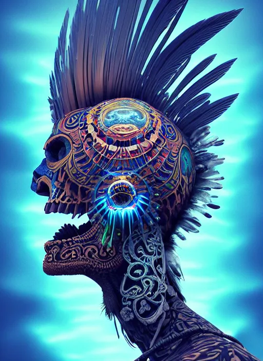 Image similar to 3 d shaman with tattoos profile portrait, sigma 5 0 0 mm f / 5. beautiful intricate highly detailed quetzalcoatl skull and feathers. bioluminescent, gradient background, plasma, frost, water, wind, creature, thunderstorm! artwork by tooth wu and wlop and beeple and greg rutkowski, 8 k trending on artstation,