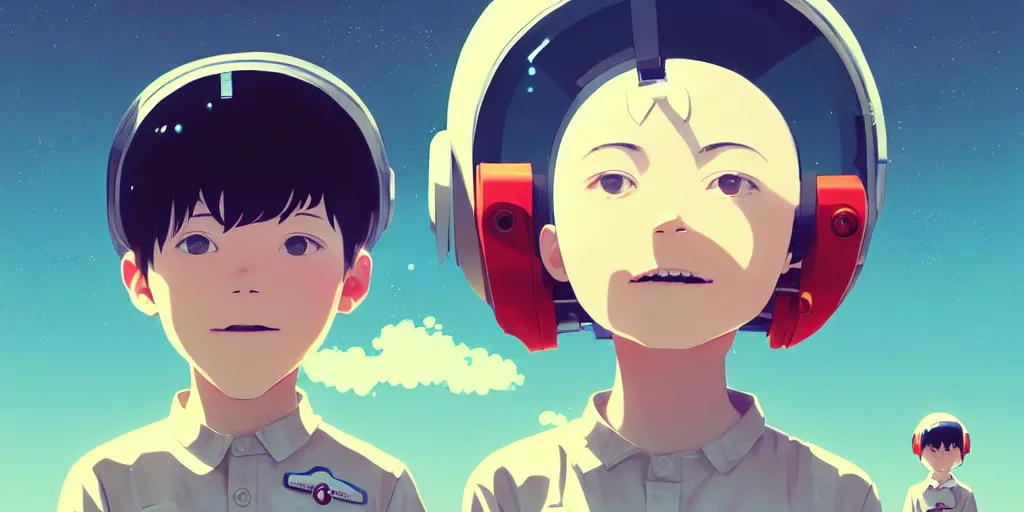 Image similar to 3 d portrait of smiling boy and girl with astronaut helmets by ilya kuvshinov, cloudy sky background lush landscape ln illustration concept art anime key visual trending pixiv by victo ngai fanbox by greg rutkowski makoto shinkai takashi takeuchi studio ghibli