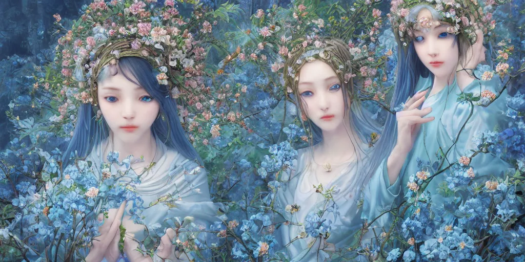 Image similar to breathtaking detailed concept art painting of in love goddesses of light blue flowers, orthodox saint, with anxious, piercing eyes, ornate background, amalgamation of leaves and flowers, by Hsiao-Ron Cheng, James jean, Miho Hirano, Hayao Miyazaki, extremely moody lighting, 8K