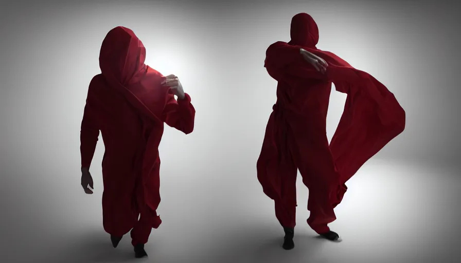 Image similar to man wrapped in redsilksheet, actionpose, photorealistic rendering, raytracing, volumetric lighting, cloth simulation, reflections, darkness, high contrast