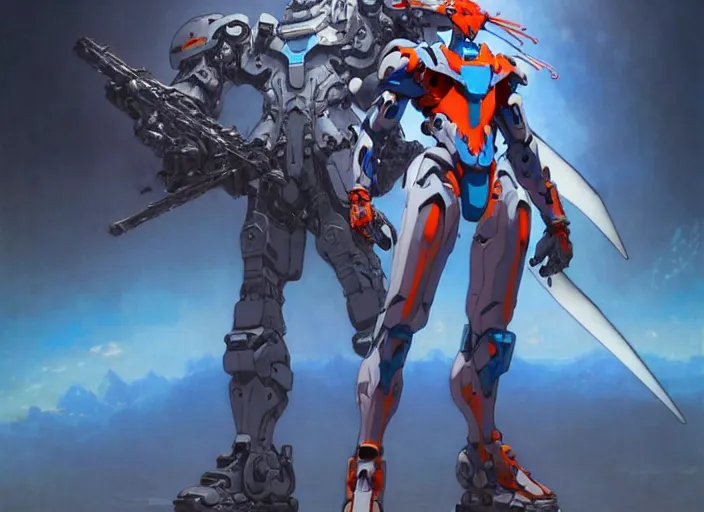 Image similar to character design digital 2 d man viking evangelion cyborg blue armor with and hologram gun by gaston bussiere, anna nikonova aka newmilky, greg rutkowski, yoji shinkawa, yoshitaka amano, tsutomu nihei, muira, moebius, donato giancola, trending on artstation, featured on pixiv