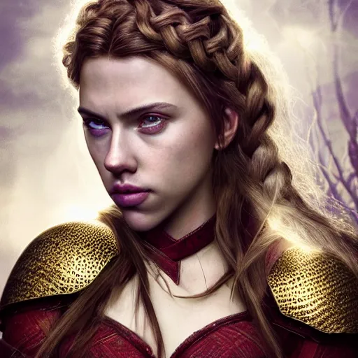 Prompt: head and shoulders portrait of a female knight, young scarlett johansson, golden etched armor, lord of the rings, celtic hair braid, eldritch ruby amulet, thunderstorm, by artgerm, alphonse mucha, face detail, sharp focus, high key lighting, vogue fashion photo