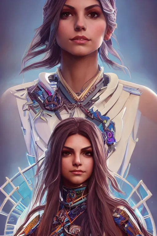 Image similar to symmetry!! portrait of victoria justice in the style of horizon zero dawn, machine face, intricate, elegant, highly detailed, digital painting, artstation, concept art, smooth, sharp focus, illustration, art by artgerm and greg rutkowski and alphonse mucha, 8 k